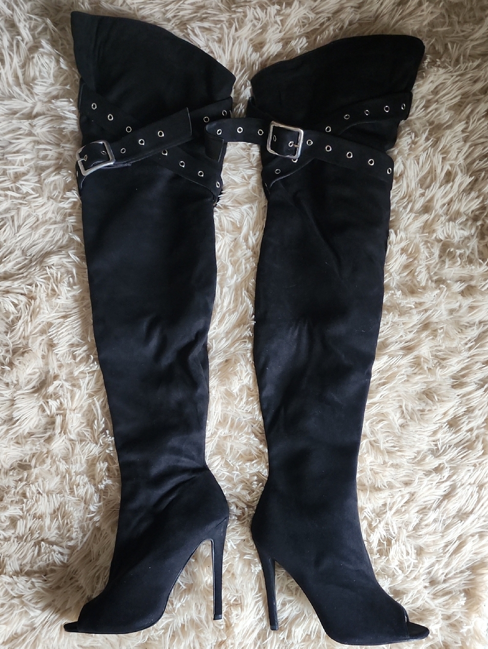 Black Over-the-Knee Stiletto Boots with Buckle Detail - Women Size 8.5